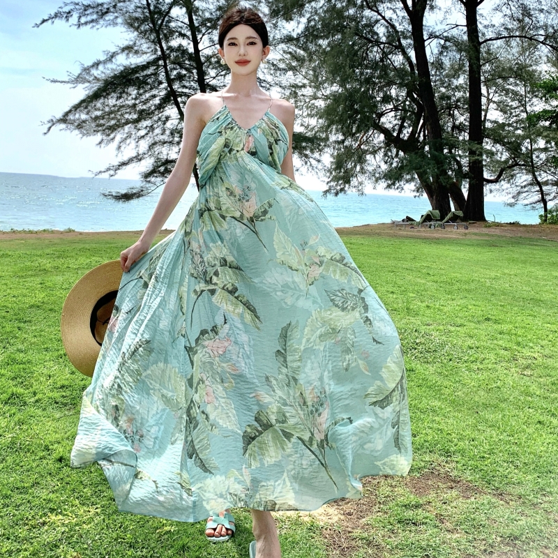 實拍嶼海之約薄荷綠碎花吊帶掛脖連衣長裙春夏度假沙灘裙子