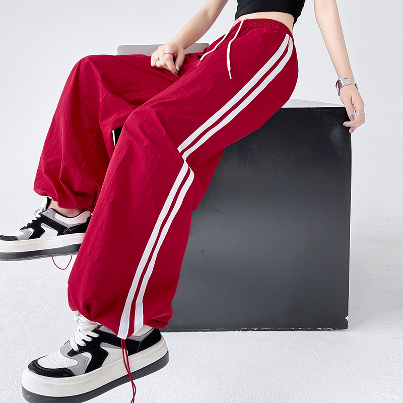 實拍美式速干工裝褲女2026夏季抽繩束腳直筒運動寬松休閑闊腿褲