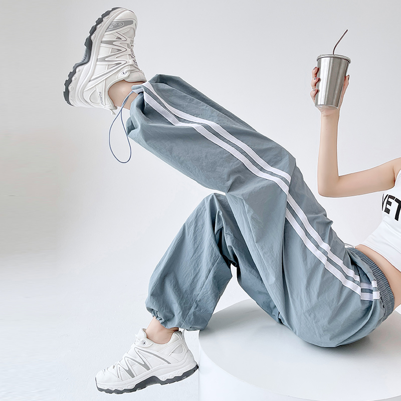 實拍美式速干工裝褲女2026夏季抽繩束腳直筒運動寬松休閑闊腿褲