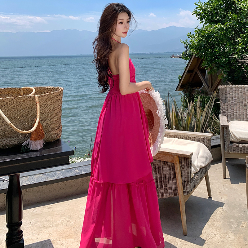 實拍三亞穿搭絕美小裙子海邊度假連衣裙套裝掛脖長裙