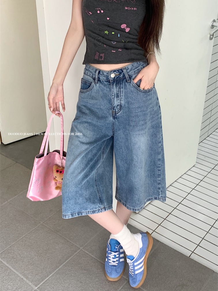 實拍 ~美式復古高街牛仔褲女新款高腰顯瘦直筒闊腿七分褲中褲