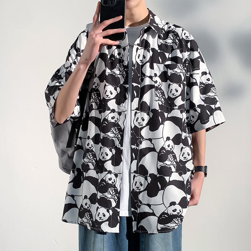 實拍短袖花襯衫夏季冰絲休閑痞帥男女同款休閑度假短袖襯衣