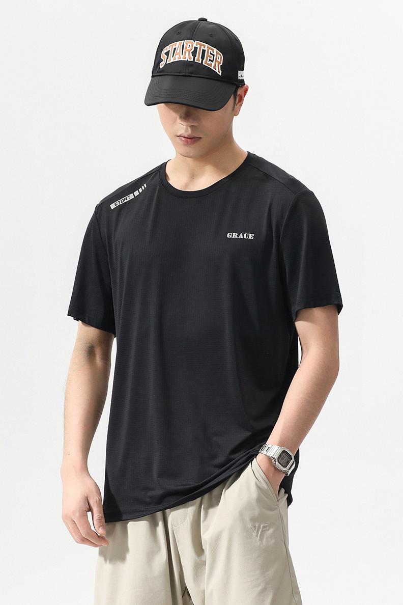 實拍夏季冰絲涼感速干短袖t恤男網眼透氣高彈運動圓領男士T恤