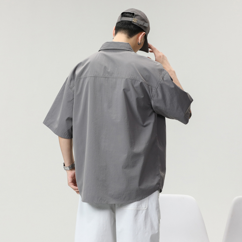 實拍美式復古工裝短袖襯衫男夏季潮牌高級感日系翻領襯衫