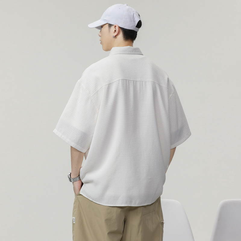 實拍美式復古工裝短袖襯衫男夏季潮牌高級感日系翻領襯衫