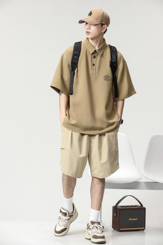 實拍美式復古工裝短袖襯衫男夏季潮牌高級感日系翻領襯衫