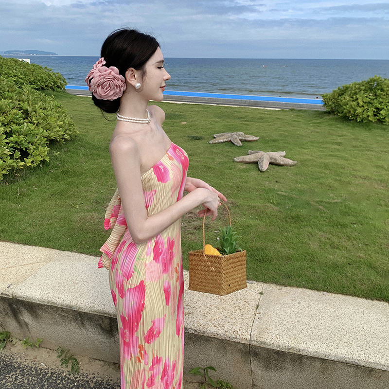 ！實拍印花抹胸褶皺顯瘦度假性感純欲系帶連衣長裙