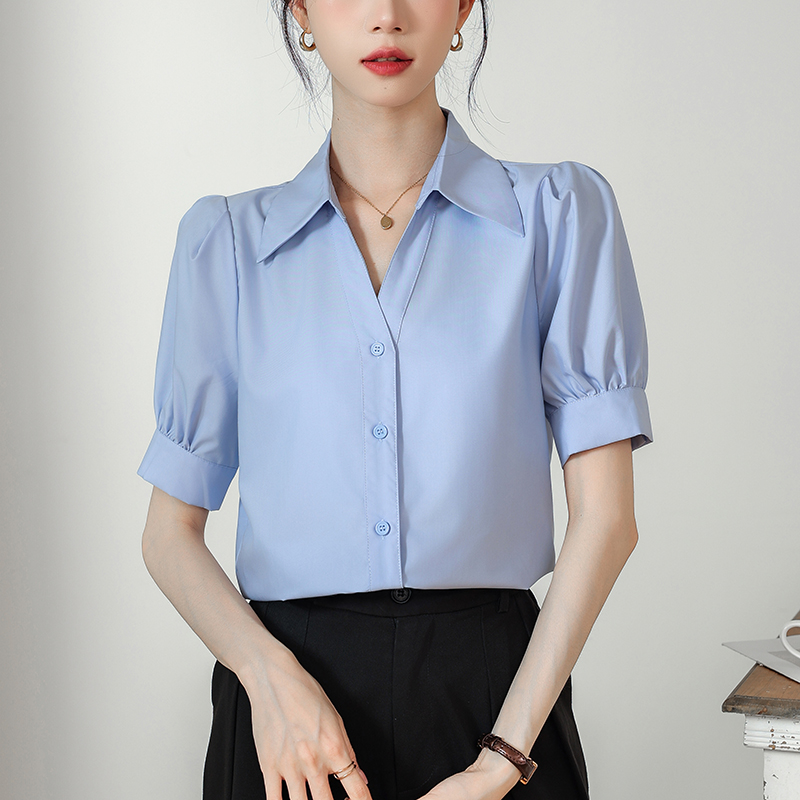 實拍 藍色短袖襯衫女夏款V領設計感小眾小個子職業通勤面試襯衣