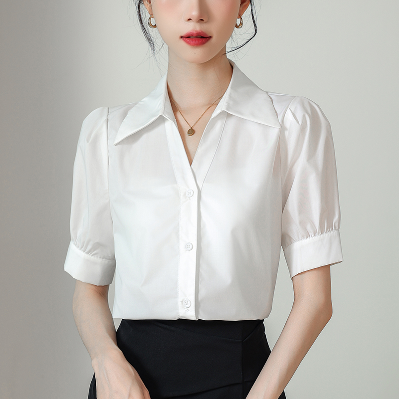 實拍 藍色短袖襯衫女夏款V領設計感小眾小個子職業通勤面試襯衣