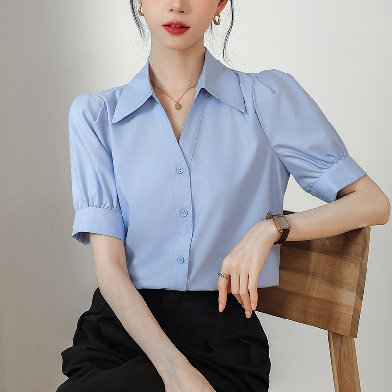 實拍 藍色短袖襯衫女夏款V領設計感小眾小個子職業通勤面試襯衣