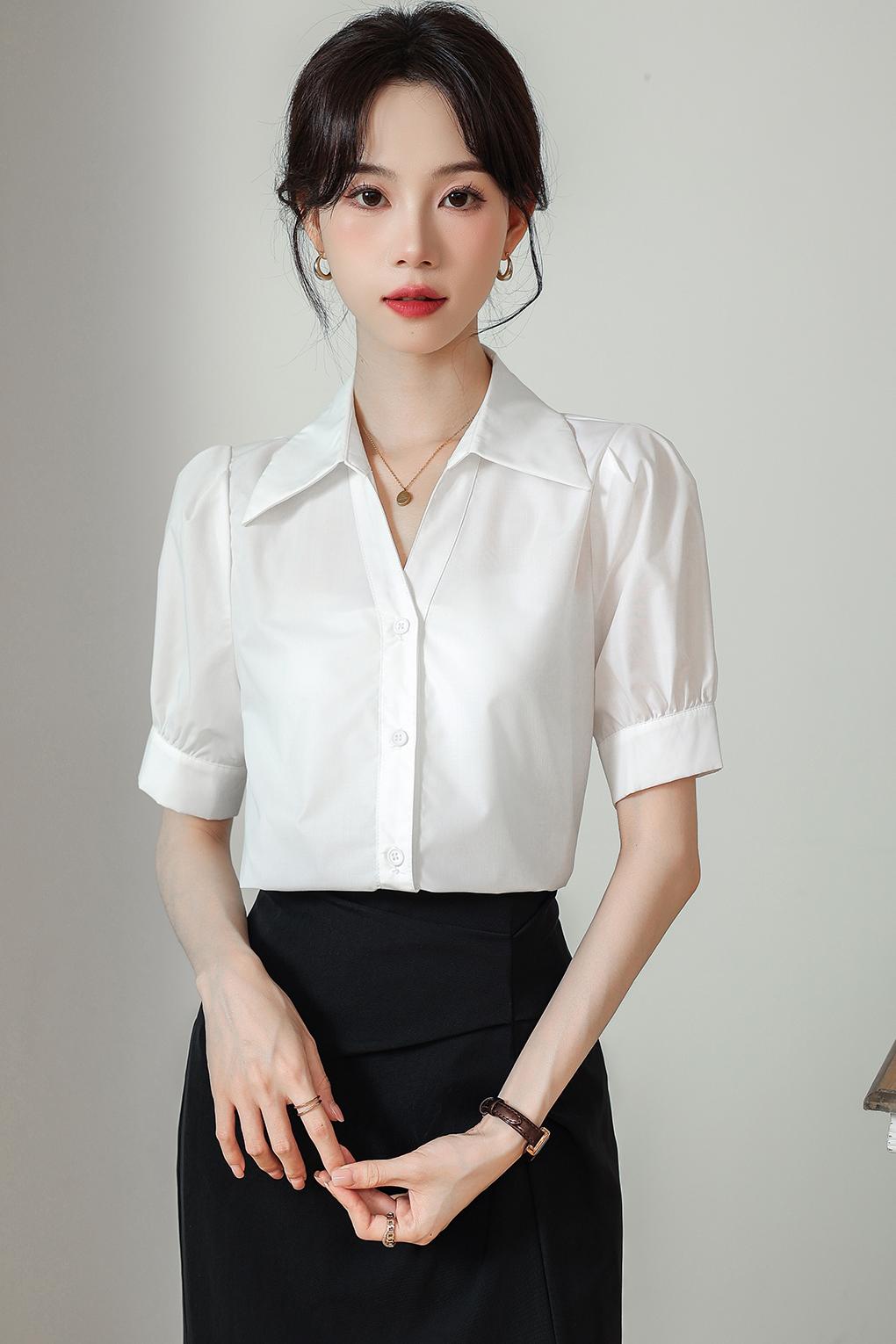 實拍 藍色短袖襯衫女夏款V領設計感小眾小個子職業通勤面試襯衣