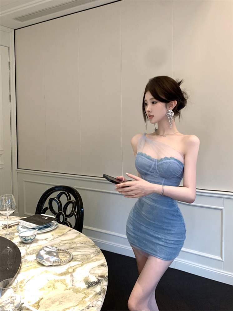 實拍實價 辣妹蕾絲網紗拼接修身顯瘦禮服連衣裙短款