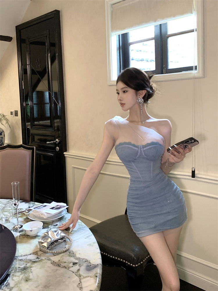 實拍實價 辣妹蕾絲網紗拼接修身顯瘦禮服連衣裙短款