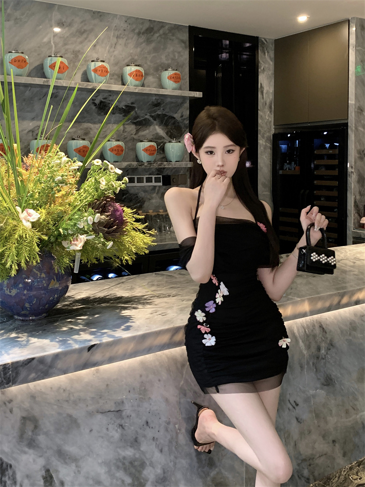 實拍實價 辣妹修身設計感網紗包臀連衣裙短款