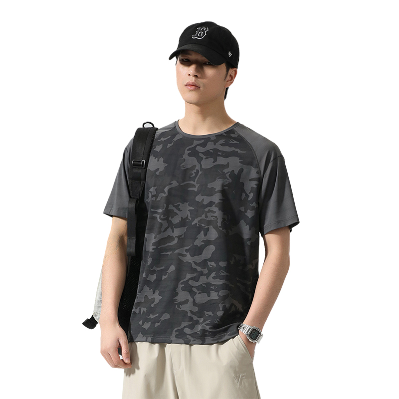 實拍夏季透氣速干迷彩短袖t恤男寬松百搭插肩袖冰絲彈力運動上衣