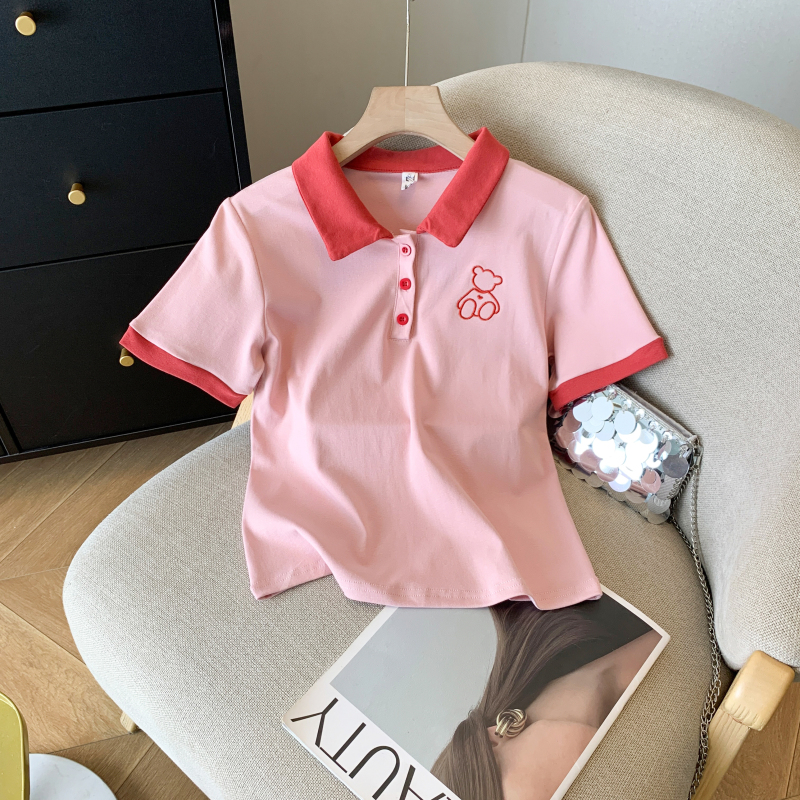 實拍 POLO領刺繡短袖T恤女夏季新款短款設計感小眾翻領高腰