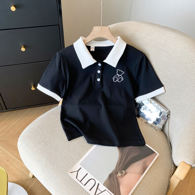 實拍 POLO領刺繡短袖T恤女夏季新款短款設計感小眾翻領高腰