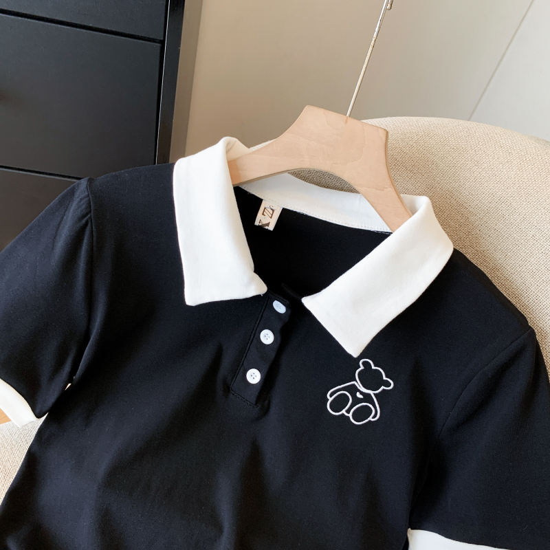 實拍 POLO領刺繡短袖T恤女夏季新款短款設計感小眾翻領高腰