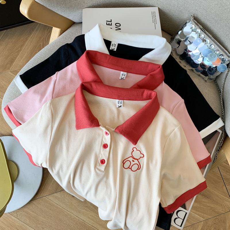 實拍 POLO領刺繡短袖T恤女夏季新款短款設計感小眾翻領高腰