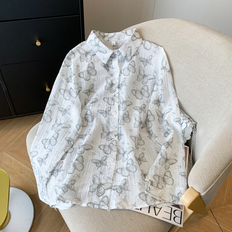 實拍 小清新閃閃燙鉆蝴蝶印花薄款防曬襯衫女夏季簡約單外套