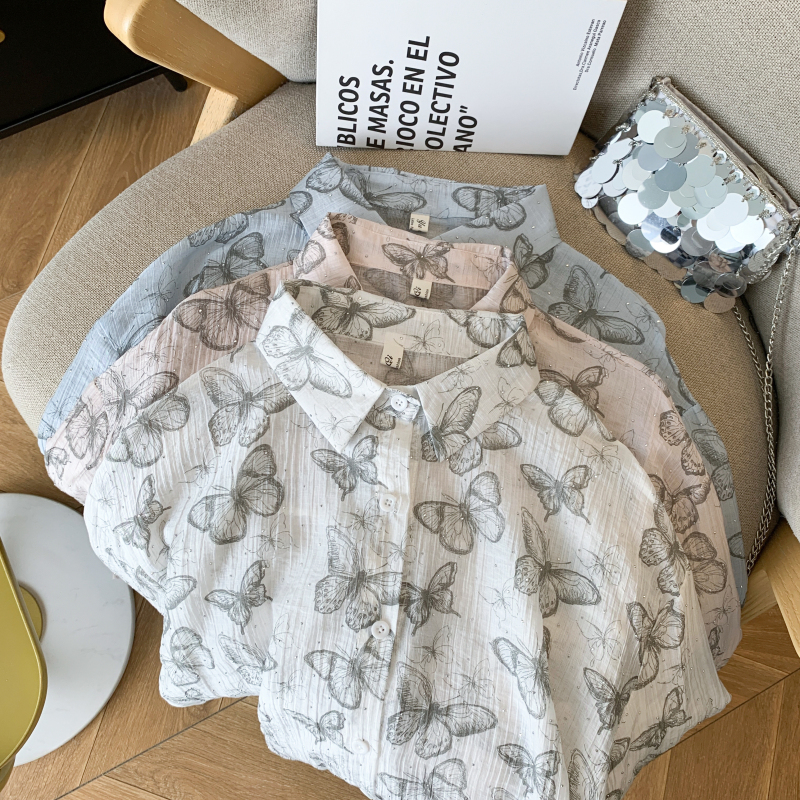 實拍 小清新閃閃燙鉆蝴蝶印花薄款防曬襯衫女夏季簡約單外套