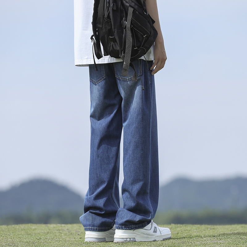 實拍墜感冰絲薄牛仔褲男夏抽繩松緊腰褲子寬松闊腿大碼直筒拖地褲