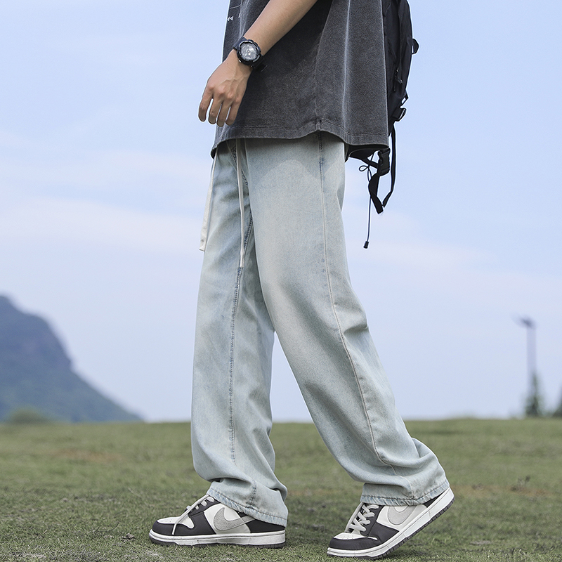 實拍墜感冰絲薄牛仔褲男夏抽繩松緊腰褲子寬松闊腿大碼直筒拖地褲