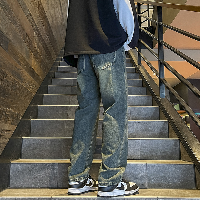 實拍美式高街復古牛仔褲男新款水洗休閑潮流直筒長褲子