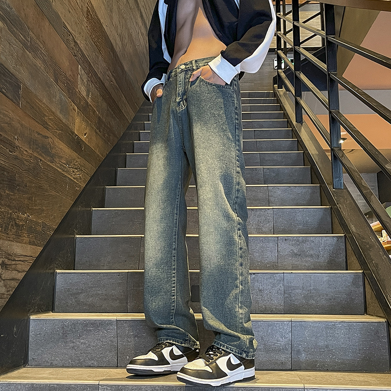 實拍美式高街復古牛仔褲男新款水洗休閑潮流直筒長褲子