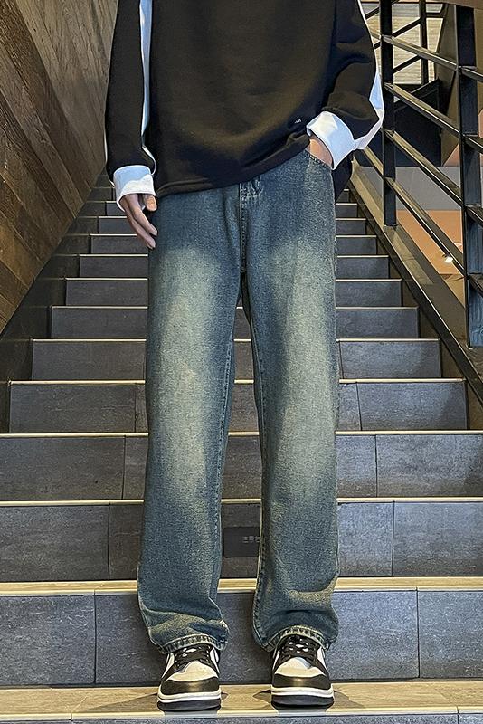實拍美式高街復古牛仔褲男新款水洗休閑潮流直筒長褲子