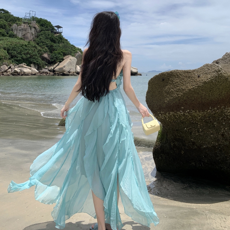 實拍藍綠燙金度假風吊帶連衣裙 海邊拍照精致仙女沙灘長裙