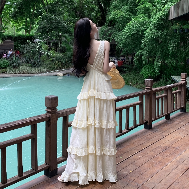 實拍布里斯里泰國三亞云南度假風吊帶裙層次感木耳邊棉麻連衣裙