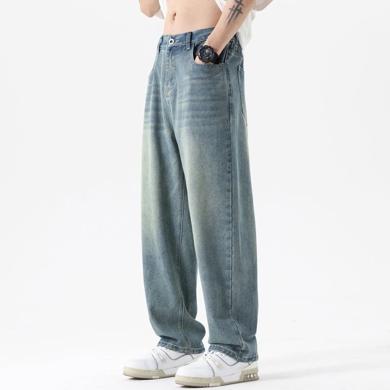 實拍新款牛仔褲男寬松闊腿褲刺繡小眾日系水洗休閑長褲子男潮