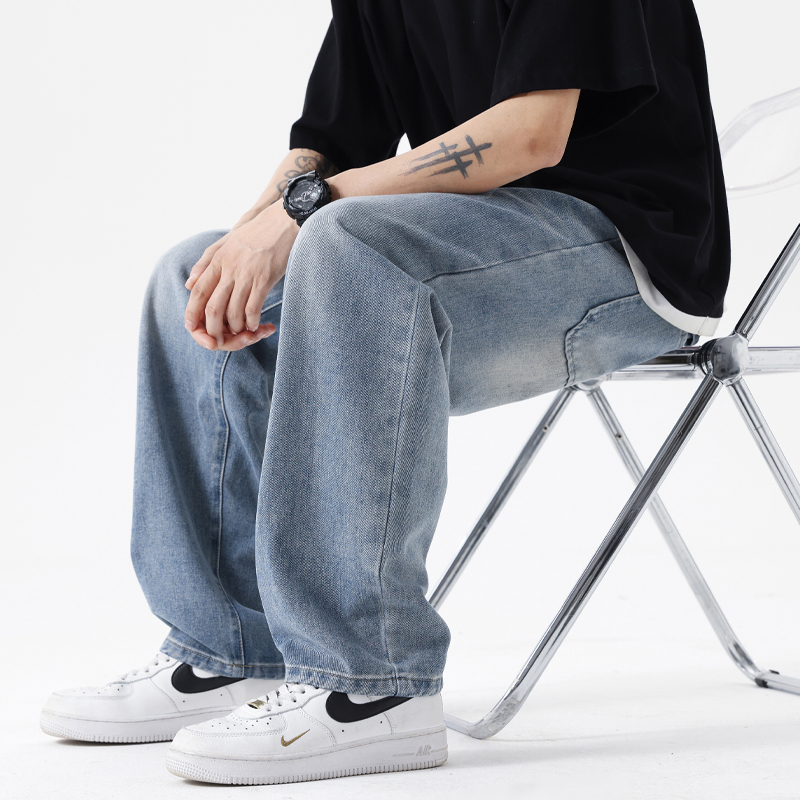 實拍牛仔褲2024新款男士直筒寬松潮牌復古后袋刮破休閑闊腿長褲