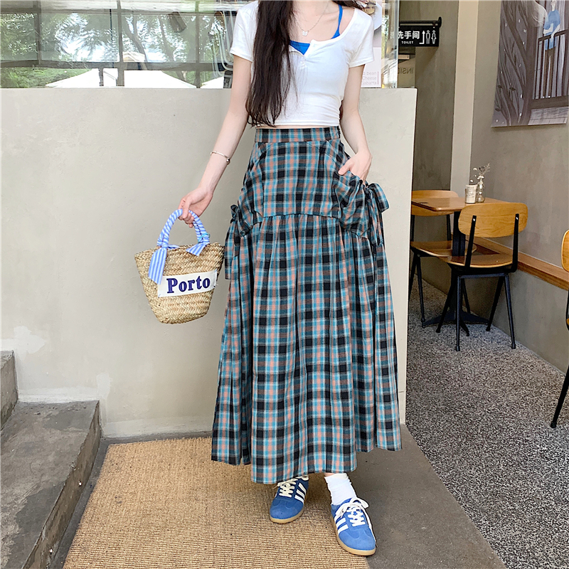 實拍實價 撞色格子半身裙女夏氣質顯瘦辣妹a字大擺裙高腰遮胯長裙