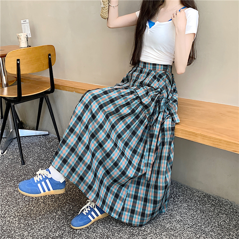 實拍實價 撞色格子半身裙女夏氣質顯瘦辣妹a字大擺裙高腰遮胯長裙