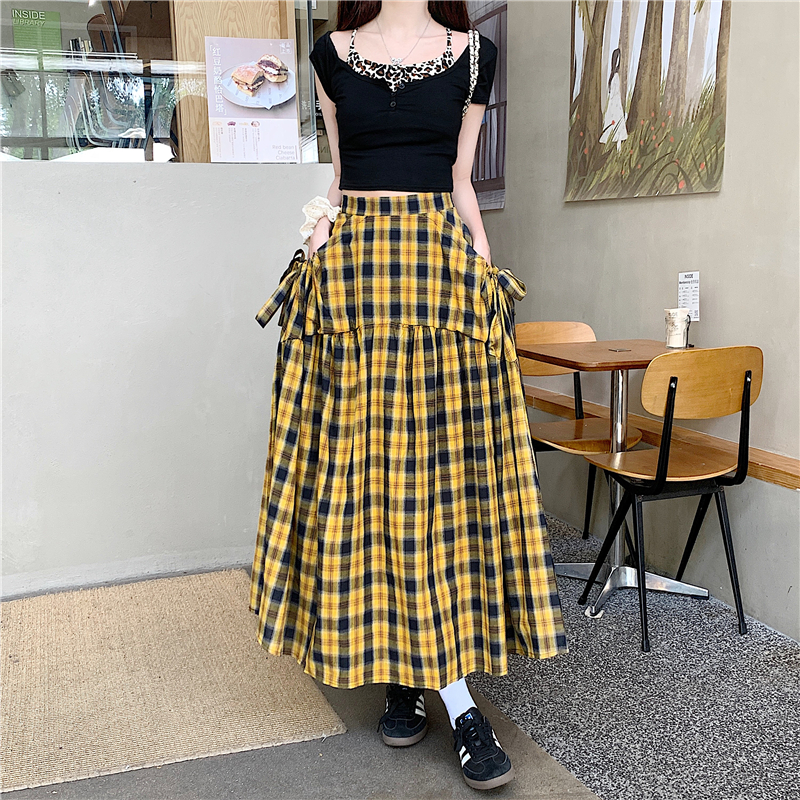 實拍實價 撞色格子半身裙女夏氣質顯瘦辣妹a字大擺裙高腰遮胯長裙