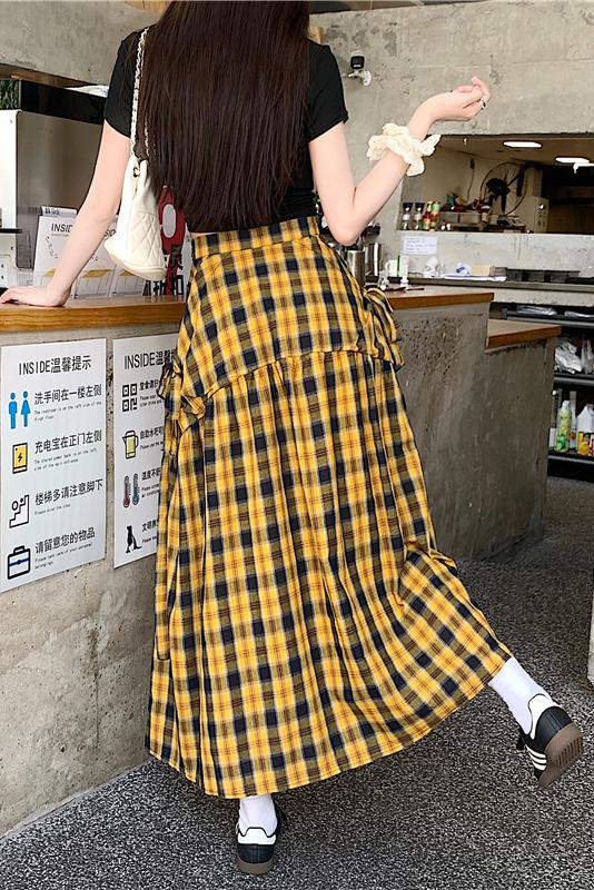 實拍實價 撞色格子半身裙女夏氣質顯瘦辣妹a字大擺裙高腰遮胯長裙