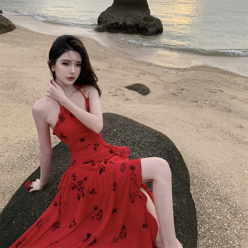 暮色玫瑰紅色長款v領掛脖吊帶連衣裙女夏法式氣質晚會裙子