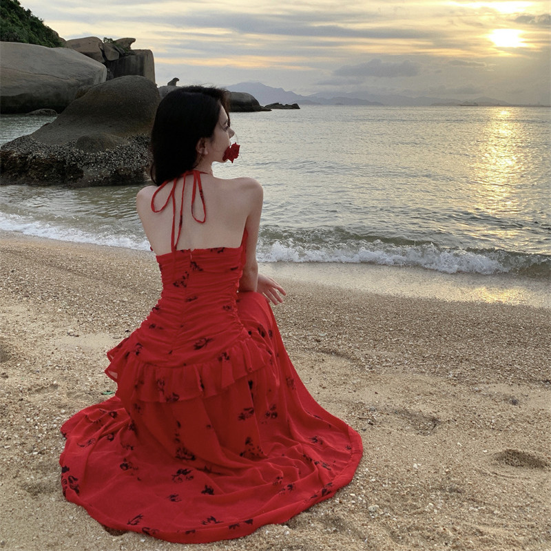 暮色玫瑰紅色長款v領掛脖吊帶連衣裙女夏法式氣質晚會裙子