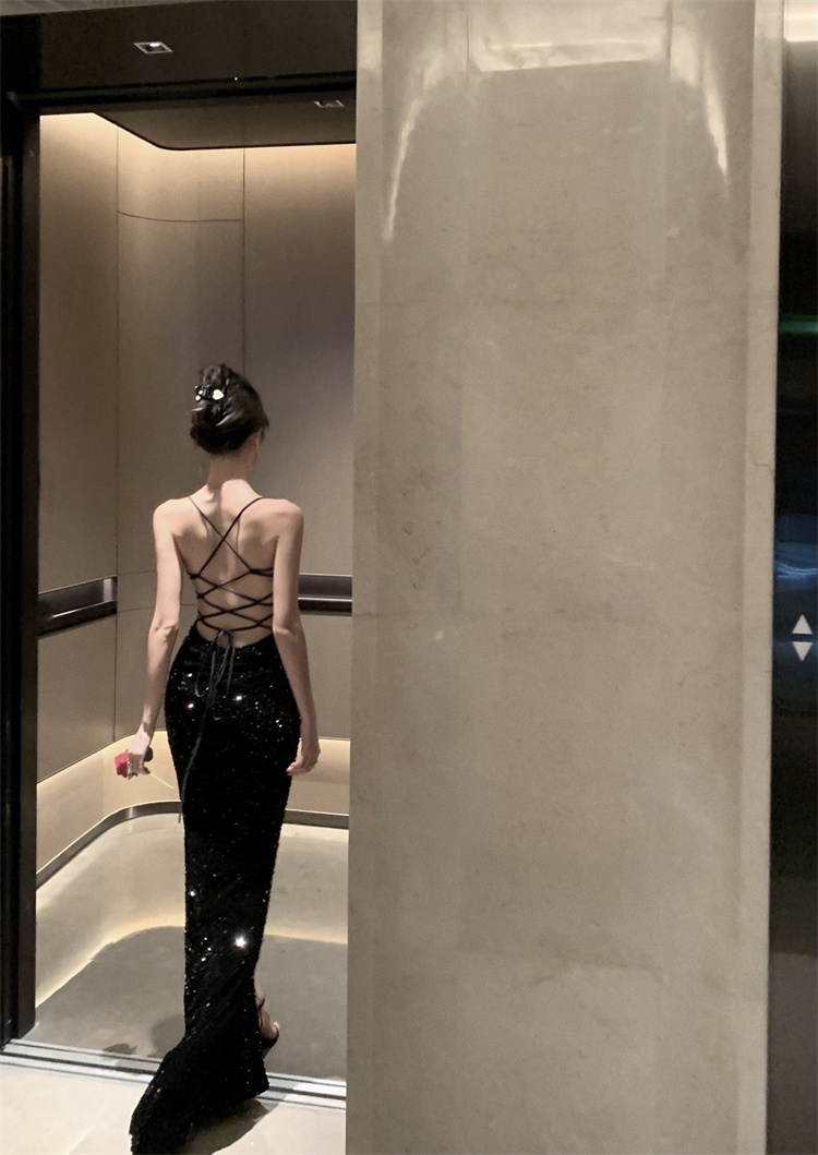 實拍實價 亮片修身露背禮服連衣裙長款