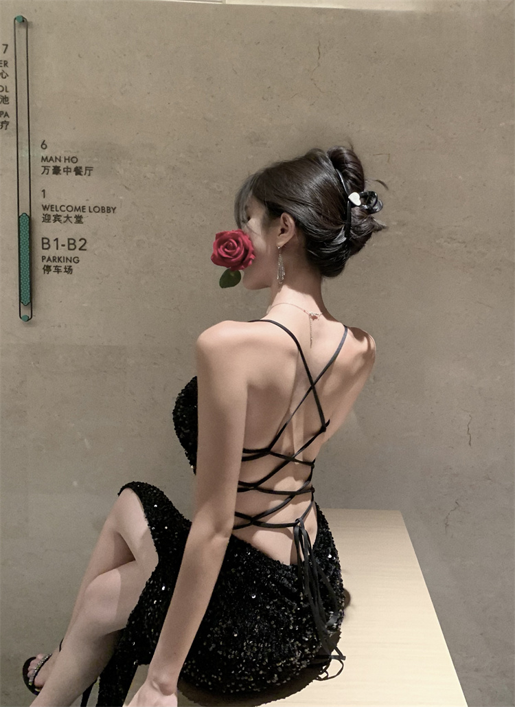 實拍實價 亮片修身露背禮服連衣裙長款