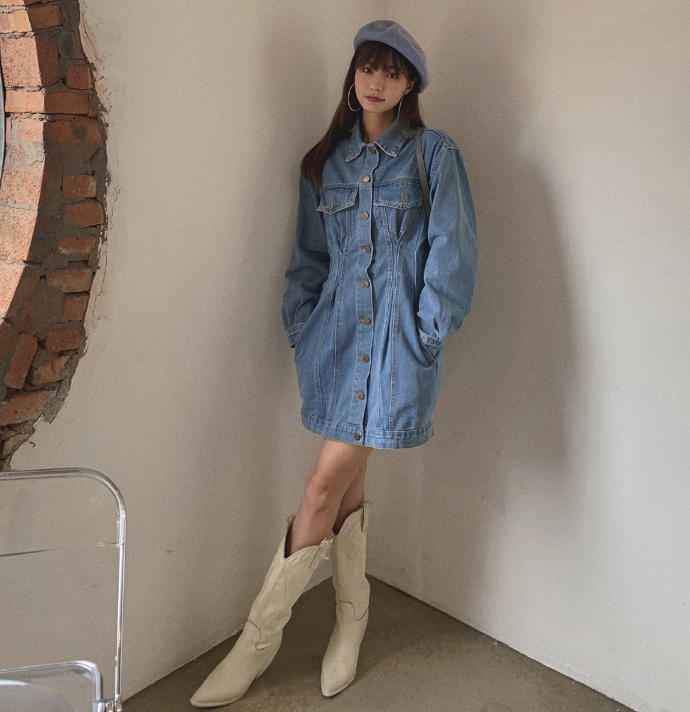 實拍2024秋裝新款長袖修身連衣裙女復古收腰顯瘦設計感牛仔裙子