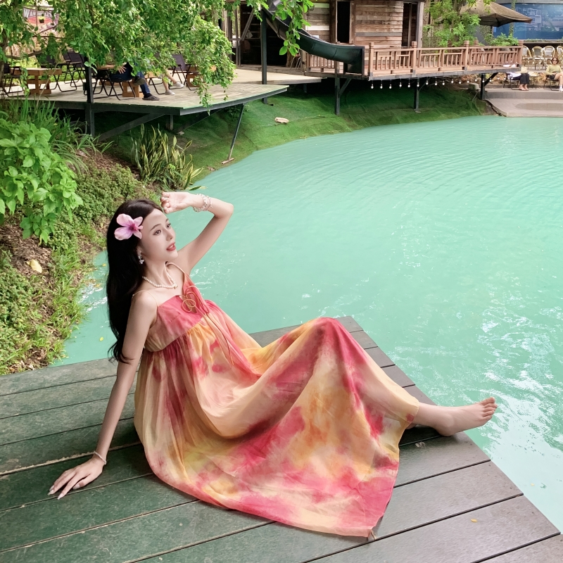 實拍新中式國風暈染海邊度假寬松吊帶連衣裙女夏季溫柔風長裙