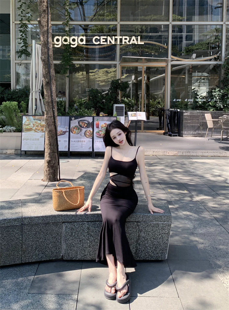 實拍實價 辣妹露腰修身連衣裙中長款