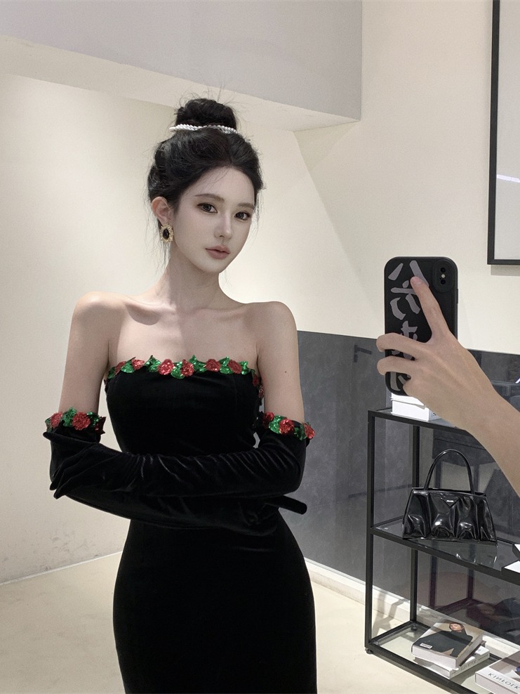 實拍實價 亮片花朵裝飾修身露背禮服連衣裙長款超修身抹胸型