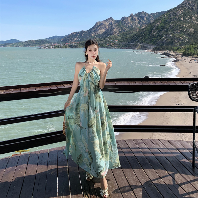 實拍嶼海之約薄荷綠碎花吊帶掛脖連衣長裙春夏度假沙灘裙子