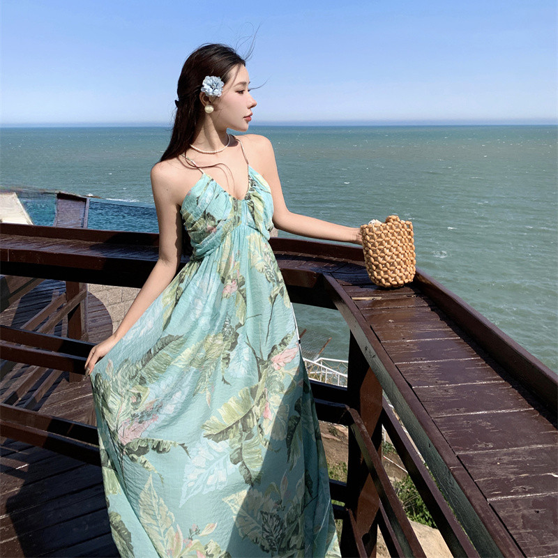 實拍嶼海之約薄荷綠碎花吊帶掛脖連衣長裙春夏度假沙灘裙子