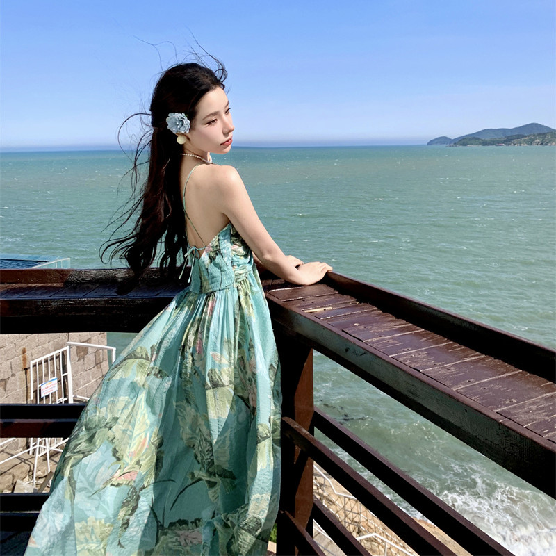 實拍嶼海之約薄荷綠碎花吊帶掛脖連衣長裙春夏度假沙灘裙子