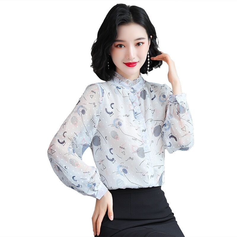 實拍碎花雪紡上衣女2026春秋新款韓版百搭襯衫長袖立領時尚襯衣